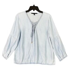White House Black Market Blouse Womens L Lyocell Lace Up Light Blue Boho Peasant